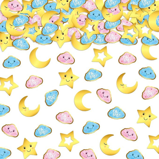 KatchOn, Baby Shower Confetti for Tables - Pack of 240 | Star and Moon Confetti For Gender Reveal Table Decorations | Pink, Blue and Gold confetti For Gender Reveal Party Decorations