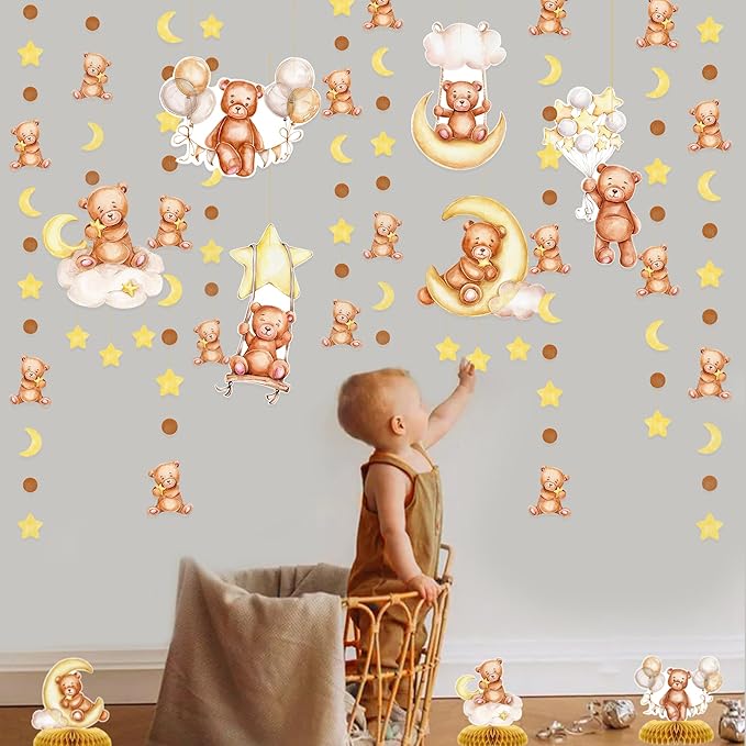 Teddy Bear Party Decorations Cream Tan Brown Boho Star Moon Bear Hanging Cutout Garland Streamer for We Can Bearly Wait Baby Shower Birthday Party Supplies Classroom Nursery Wall Ceiling Decor