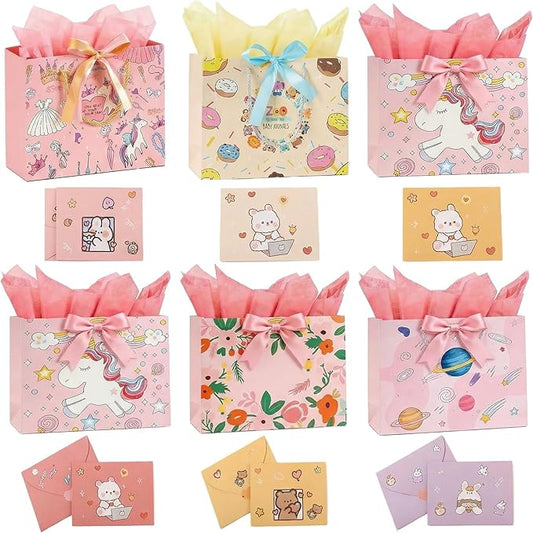 6 Pack Birthday Gift Bags Set for Kids ,Large Holiday Goody Bags with Handle, 6 Ribbons&6 Greeting Cards, Reusable Birthday Treat Bags for Party Favors,Candy,Toys,Classroom Gifts, Cartoon&Cute Design