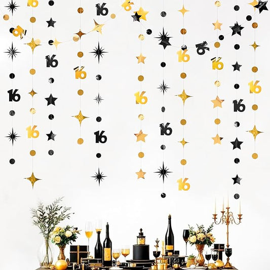 Black Gold 16th Birthday Decorations Number 16 Circle Dot Twinkle Star Garland Streamer Banner Backdrop for Girls Boys Happy 16th Birthday Sweet Sixteen Anniversary Cheers to 16 Years Party Decor