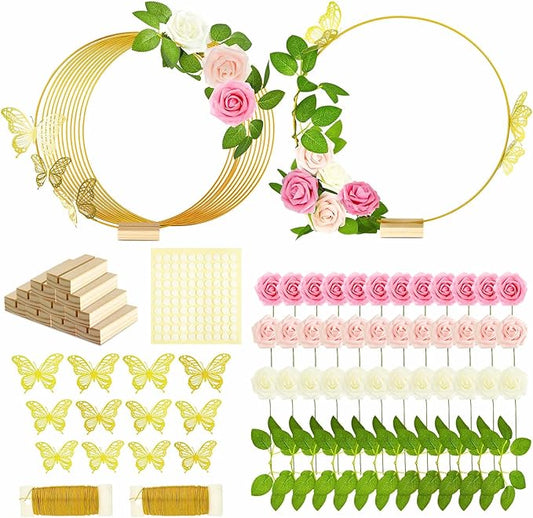 Vercraft 12 Set Butterfly Metal Floral Hoop Table Centerpieces, Metal Ring with 3D Butterfly Decor, PE Foam Flower, Adhesive Dot, Gold Wires for DIY Wedding Party(White, Pink, Pink,Round)