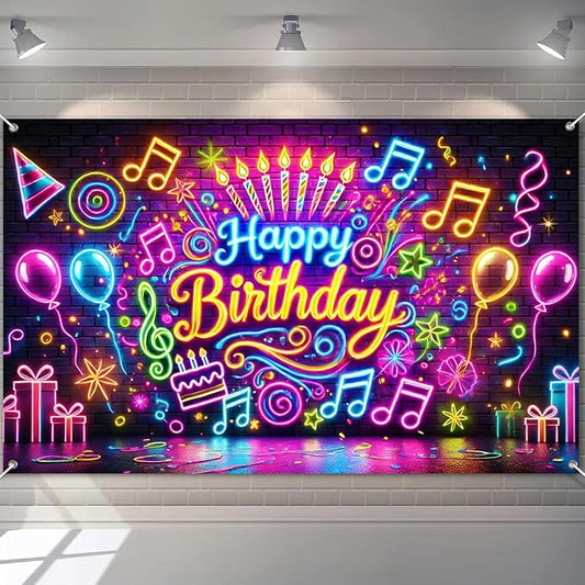 BlissYard Happy Birthday Banner Neon Decrations Backdrop Glow in The Dark Party Background Decorations 84x60 Inch with Balloons Music Notes and Fun Confetti Banners for Girls or Boys Gifts