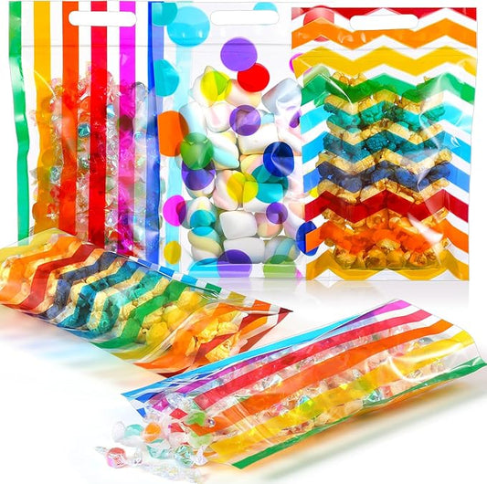 Pasimy 60 Pcs Pride Rainbow Plastic Candy Bags Polka Dot Stripes Printed Treat Goodie Gift Bags with Handle for LGBT Wedding Baby Shower Birthday Party Favor Supplies, 6 Design