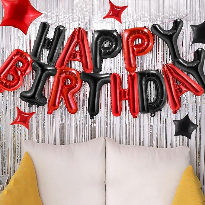 CANREVEL Happy Birthday Banner 13pcs 16 Inch Mylar Foil Letters Sign Balloons Birthday Party Decorations for Kids and Adults - 3D Black Red