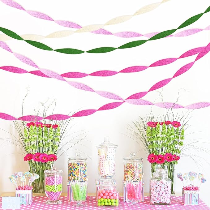 Pink and Green Crepe Paper Streamers 8 Rolls 656ft Party Streamers for Hawaiian, Flamingo, Witch Theme Party, Birthday and Wedding Decorations