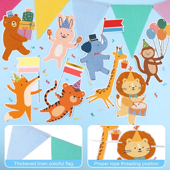 2 Pcs Animal Parade Party Banner Set Animals Flag Colorful Pennant Flags for Birthday Hanging Garland Decorations Baby Showers Zoo Jungle Themed Parties Supply