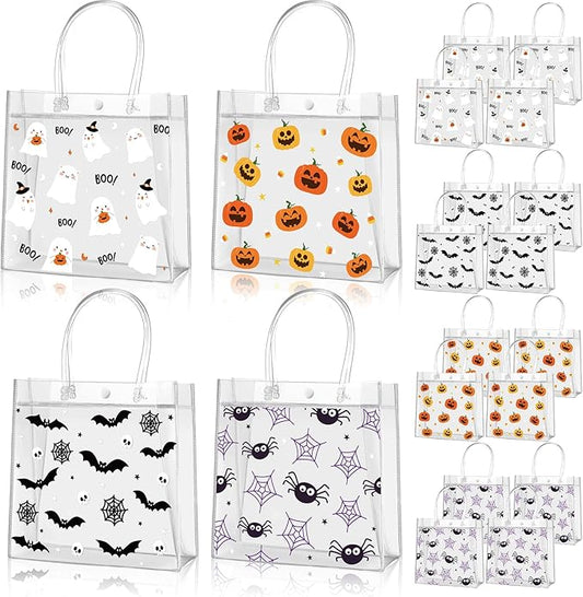 Aliceset 20 Pcs Halloween Clear Gift Bags with Handles Plastic Bags Cute Pumpkin Halloween Treat Bag for Trick or Treat Party Favor Gifts Supplies Decor, 8x8x3.15 Inch