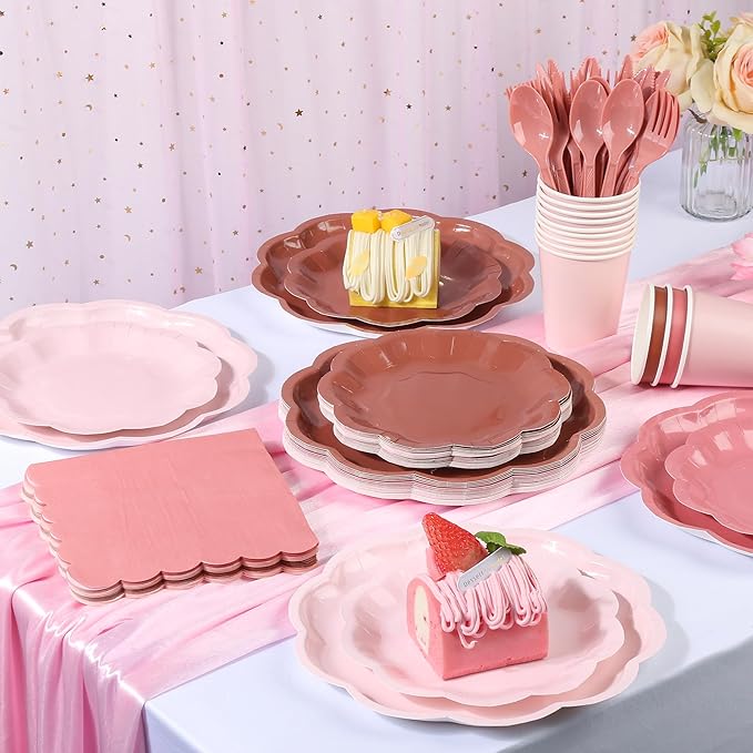 168 Pcs Dusty Pink Paper Plates and Napkins 24 Guests Gradient Scalloped Disposable Tableware Party Supplies Set for Mothers Day Wedding Birthday Garden Tea Party