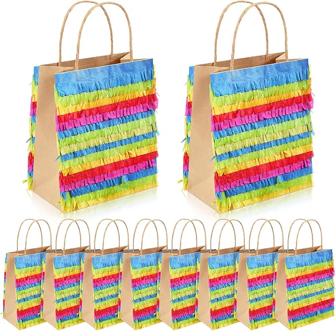 Geyoga 24 Pcs Fiesta Favor Bags Fringe-cut Piñata Mexican Fiesta Paper wrapping with Handles Mexican Party Favor Goodie Treat Bags for Mexico Summer Birthday Party Supplies