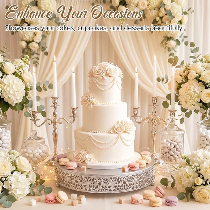 Wenqik 14 Inch Silver Cake Stand Set Metal Round Cupcake Dessert Stand with Cake Cutting, Spatula Wedding Cupcake Pastry Display Candy Holder Display for Wedding Party Birthday Baby Shower(Classic)