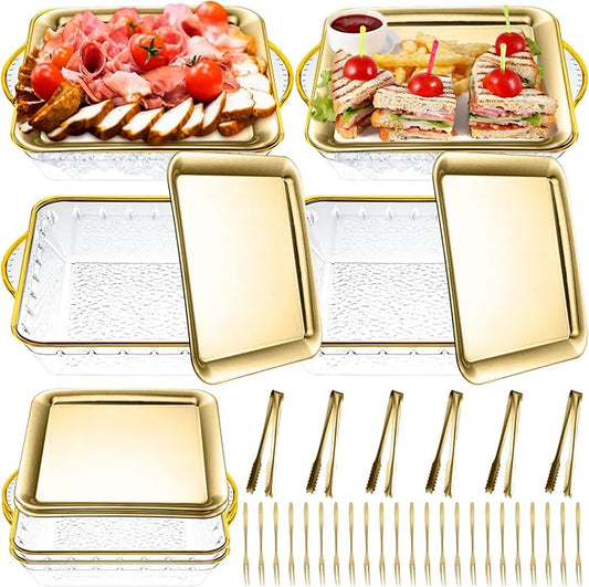 Baderke 6 Set 9" Chilled Serving Tray for Parties with Compartments Ice Chilled Party Platter Charcuterie Serving Board Cold Dish Dip with Fork Tong for Fruit Seafood Vegetable Appetizer (Gold)