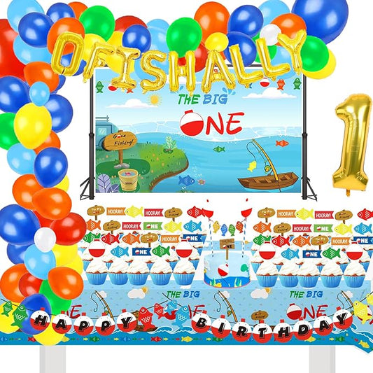 155 Pcs O Fish Ally 1 Birthday Party Decorations, Gone Fishing Balloon Garland Kit, The Big One Backdrop, Ofishally One Cake Cupcake Topper, Little Fisherman/Fishing Theme 1st Birthday Party Supplies