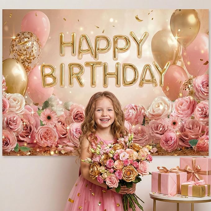 Mocsicka 7x5ft Rose Gold Birthday Backdrop Pink Balloon Floral Decorations for Women Girls Gold Anniversary Party Photography Background (Rose Gold, 82 x 60 Inch)