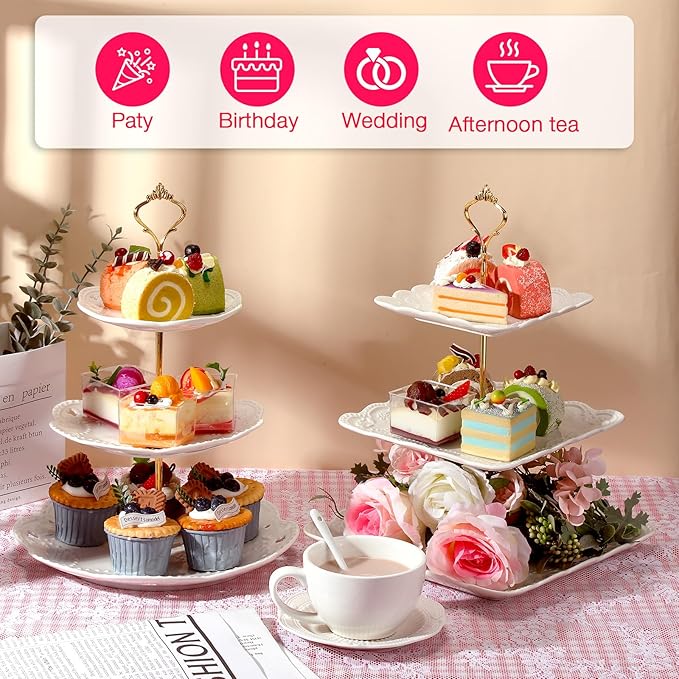 Ctosree 2 Pcs 3 Tier Porcelain Cupcake Stand Round and Square White Ceramic Cake Stand 3 Tier Serving Tray Tiered Dessert Display Embossed Tea Elegant Stands Wedding