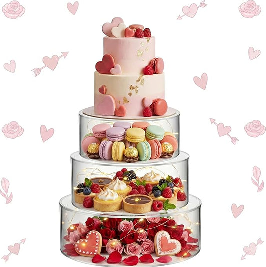 Sintuff 3 Pcs Acrylic Cake Stand with LED Lights 6'', 8'', 10'' Clear Fillable Cake Riser Round 3 Tier Case Box for Wedding Birthday Holiday Party Food Display, 3 Sizes