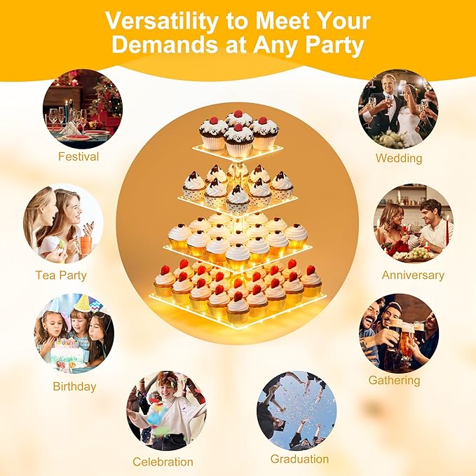 YestBuy Cupcake Stand with Yellow Led Lights, 4 Tier Cupcake Stand for 50 Cupcakes, Acrylic Cupcake Tower Stand, Clear Tiered Cupcake Holder for Birthday Cady Bar Décor Weddings, Parties Events