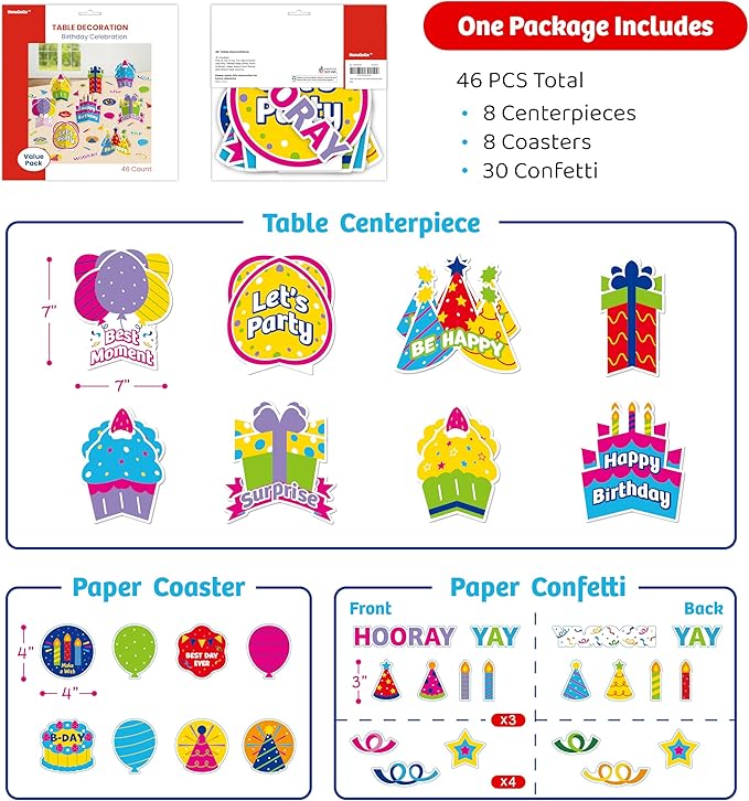 HonuGoGo Birthday Table Decorations Kit, 46ct Colorful Party Supplies with Table Centerpieces, Coasters & Confetti—Ideal for Dining Tables, Dessert Tables & Birthday Party Celebrations
