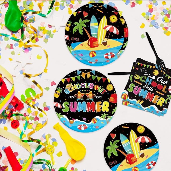 96 Pcs School's Out for The Summer Decorations Peace Out School Hello Summer Plates and Napkins End Of The School Year Tableware Set for Kids Class Of 2026 Preschool Graduation Party Supplies Serve 24