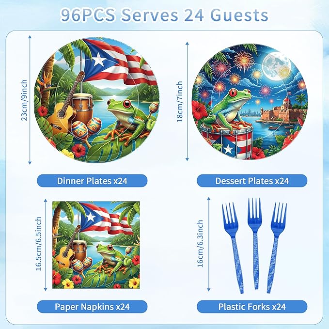 Puerto Rico Party Decorations, 96 Pcs Puerto Rican Flag Tropical Frog Plates Napkins Forks, Disposable Dinnerware for Puerto Rico Birthday Fiesta Theme Party Decor Tableware Set for 24 Guests