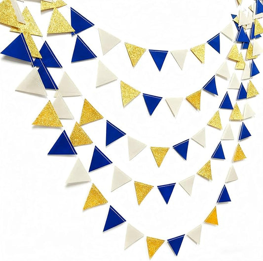 Blue Gold Beige Party Decoration Royal Gold Glitter Felt Hanging Triangle Mini Bunting Pennant Banner Flag for Birthday Wedding Graduation Baby Shower Nautical Ahoy Achor Party Nursery Classroom Decor