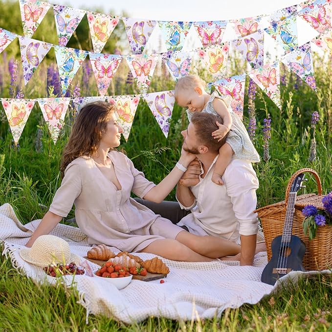 5 Pieces 49 ft Butterfly Birthday Banner Decorations Butterfly Party Supplies Paper Flower Pennant Triangle for Baby Shower Party Outdoor Decor