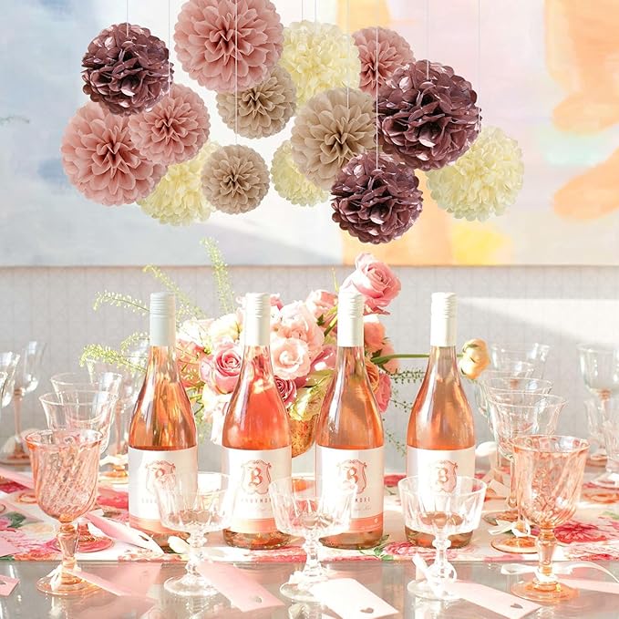 20 PCS Tissue Paper Pom Poms, Tissue Pom Poms Flowers, Sizes of 6", 10", 12", 14" Hanging Paper Flower Ball for Wedding, Birthday, Baby Shower Party Decor (Ivory Brown Rose Gold Pink)