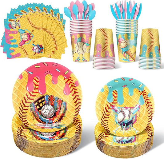 FoldTier 350 Pcs Ice Cream Drip Baseball Birthday Party Decorations Set Ice Cream Paper Plates Napkins Fork Set Disposable Fairy Tableware Decorations Supplies for Baby Shower Dinner Serves 50