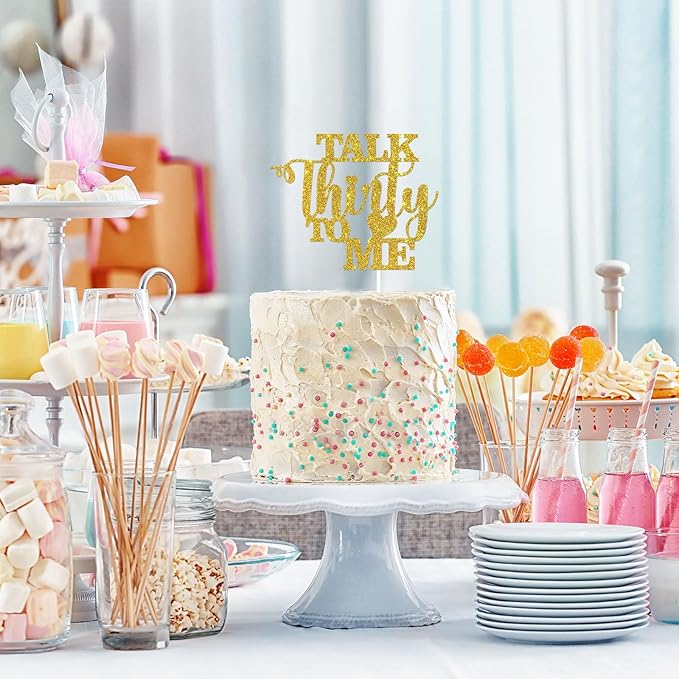 Talk Thirty to Me Cake Topper, Gold Glitter Dirty 30 for 30th Birthday Wedding Anniversary Hello 30 Party Decoration Supplies
