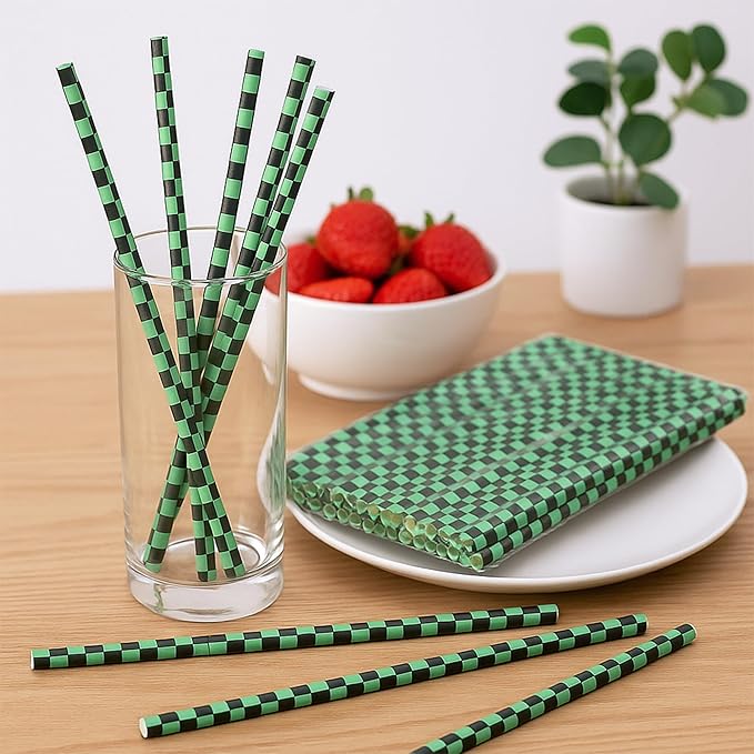 100 Black and Green Checkered Straws - Disposable Paper 7.75 Inch Straws for Demon Anime Themed Party - Party On Tap