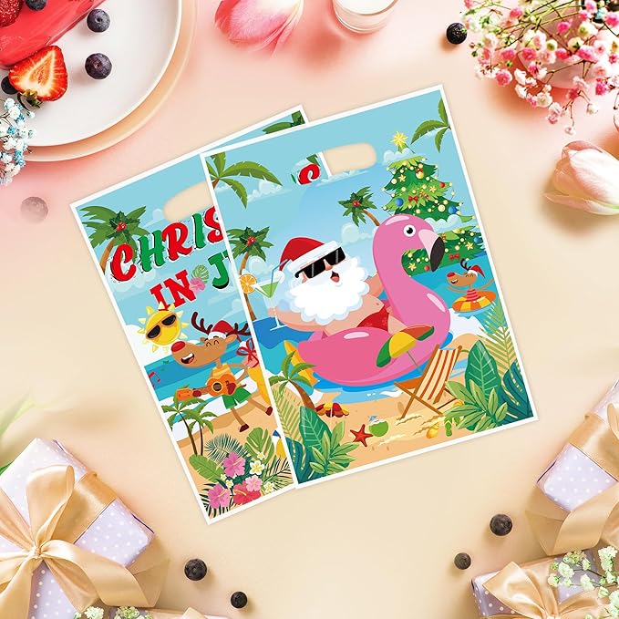 MOIZYNG Christmas in July Decorations, 50Pcs Christmas in July Plastic Candy Treat Goodie Gift Bags with Handles, Summer Hawaiian Beach Pool Party Favors Supplies
