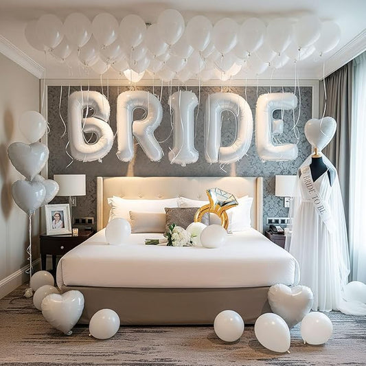 White Bridal Shower party decorations with pearl balloons Bridal Veil BRIDE Balloons Sash with Diamond Ring Heart Balloons Bridal Veil for Bachelorette Party Decor Bride To Be suppiles