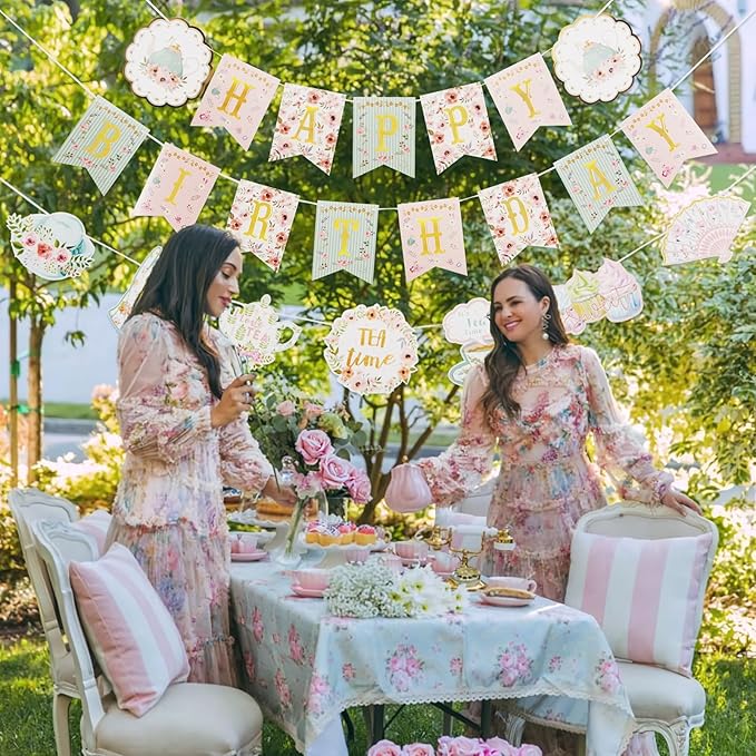 SUNBEAUTY Floral Tea Party Birthday Decorations Tea Happy Birthday Banner Floral Garland Birthday Hanging Banner for Baby Bridal Shower Spring Garden Tea Party Decorations | Pre-Strung