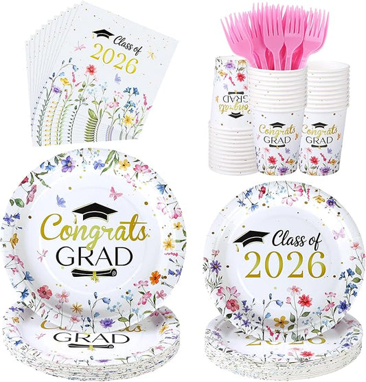 Kochorie 144 Pieces Floral Graduation Party Decorations, Class of 2026 Pink Wildflower Congrats Grad Tableware Sets Including Paper Plates Napkins Cups Forks for Women College High School, Serves 24