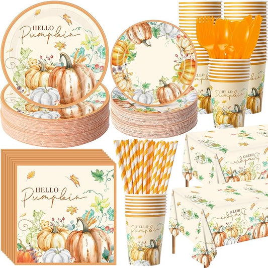 Funnymoom 452 Pcs Hello Pumpkin Thanksgiving Fall Party Supplies for 50, Thanksgiving Pumpkins Paper Plates Napkins Cups Tablecloth Cutlery Straws for Autumn Harvest Birthday Baby Shower Decorations