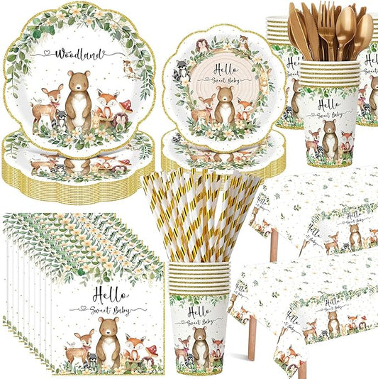 Funnymoom 452 Pcs Woodland Baby Shower Decorations for 50 Guests, Forest Animals Woodland Paper Plates Napkins Cups Tablecloth Cutlery Straws for Neutral Forest Animal Baby Shower Party Supplies