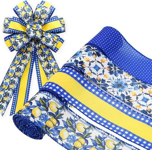 4 Rolls Lemon Wired Edge Ribbon - 2.5 Inch Wide, 20 Yards Total, Summer Yellow Lemon Print Wired Edge Set, Fashionable Grosgrain Craft Ribbon for Gift Wrapping, Hair Bundles, Party Decorations