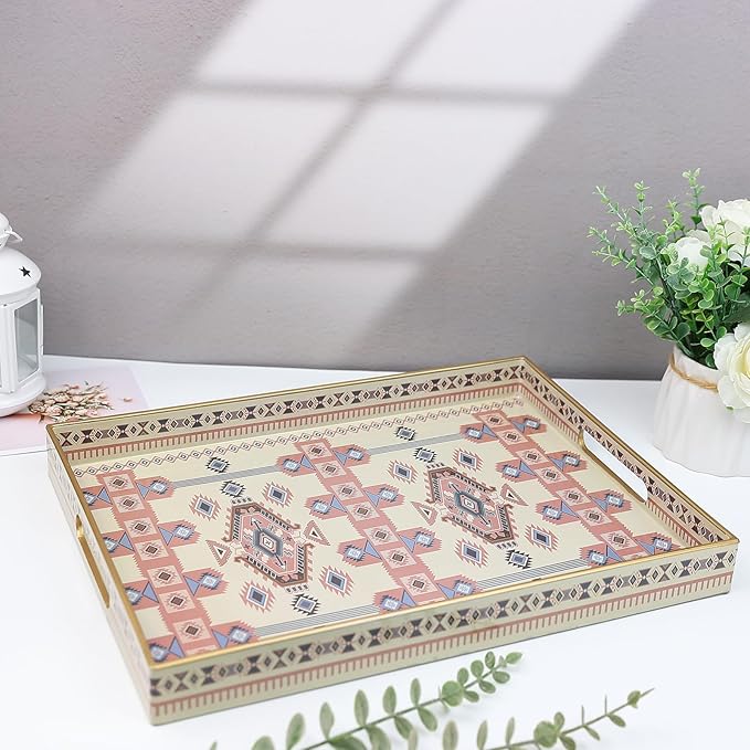 Spsyrine Serving Tray with Handles, Plastic Decorative Tray for Coffee Table, Living Room, Home Decor, 3040N