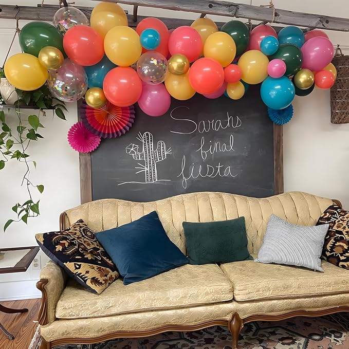 Cinco De Mayo Fiesta Party Decorations - Mexican Themed Balloons Garland Arch Kit + Paper Fans for Birthday Decor Supplies (No Air Pump,Dot&Pennant Banner)