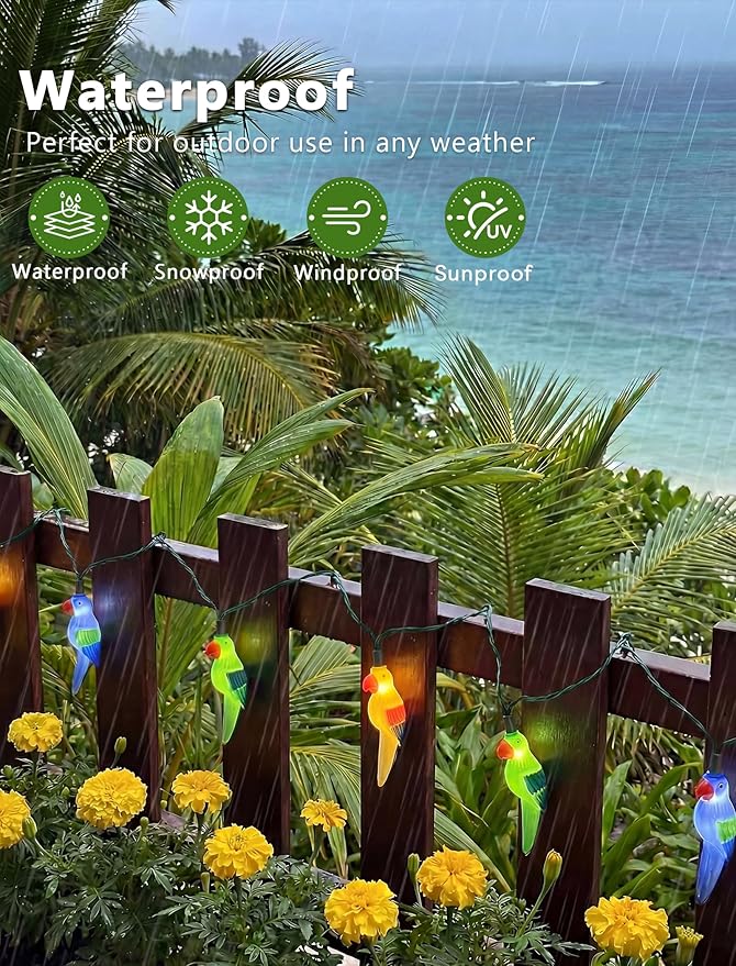 Parrot String Lights, 8.5FT 10 LED Summer String Lights with UL Certified Plug, Waterproof Tropical Party Decorations for Patio, Connectable Hawaiian Lights for Garden Backyard Bedroom Decor
