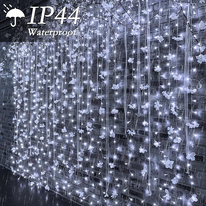 300 LED Curtain String Lights 9.8 * 9.8FT Plug in Fairy Lights with Timer and 8 Modes, Waterproof Window Wall Lights for Bedroom Wedding Party Indoor Outdoor Christmas Decor