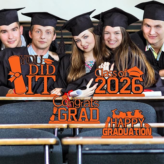 4Pcs Orange and Black Graduation Decorations Class of 2026 Congrats Grad Wooden Table Centerpieces Grad Table Decorations for Graduation Centerpieces