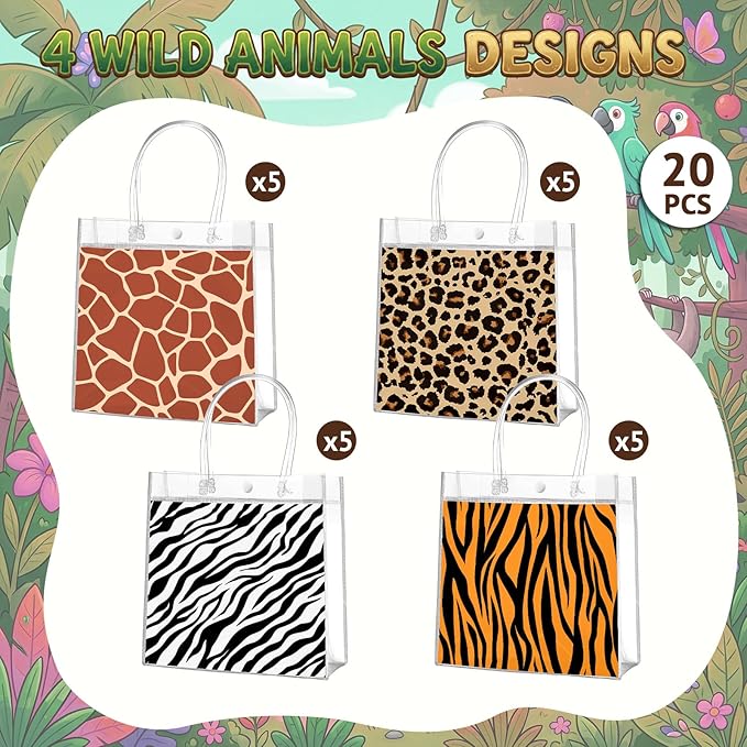 Aliceset 20 Pcs Animal Print Goodie Bags with Handles Safari Party Favor Bags for Jungle Theme Wild Animals Zoo Party Bithday Baby Shower Supplies Decor, 8x8x3.15 Inch