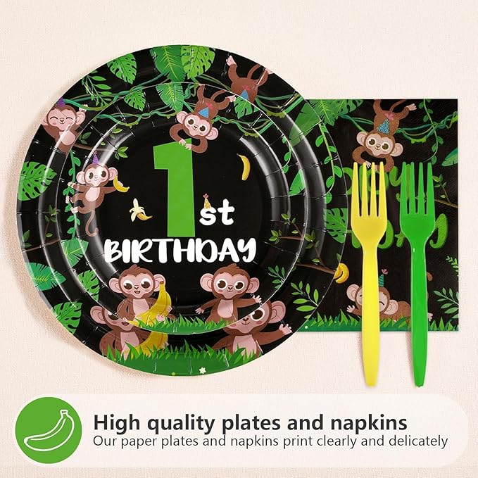 96Pcs Wild One Birthday Decorations Monkey One Years Old Plates and Napkins Safari Jungle 1st Tableware Set for Boys First 1st Safari Wild Jungle Animal Birthday Baby Shower Party Supplies Serves 24