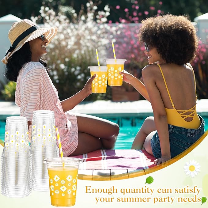 Yungyan 50 Sets Daisy Groovy Plastic Cups with Lids and Straws 16 oz Coffee Juice Drinking Cups for Daisy Party Decoration Summer Birthday Baby Shower Party Supplies