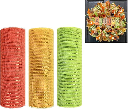 3 Rolls Orange Gold Green Deco Mesh Ribbon for Wreath Making Supplies, 10 Inch x 30FT Metallic Foil Burlap Deco Mesh Fabric for Fall Thanksgiving Halloween Door Wreath Swags and Decorating