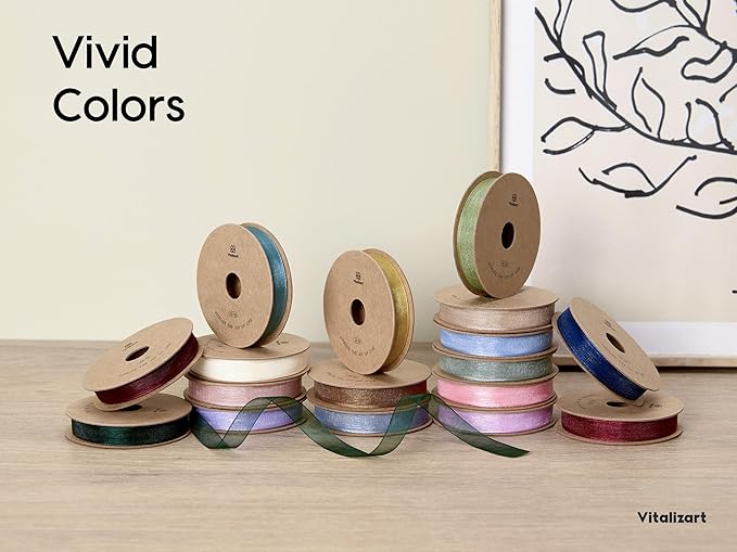 Vitalizart 3/8" x 30Yd Champagne & Nude Organza Ribbon Christmas Sheer Ribbons Set 10 Yd x 3 Rolls Handmade Eco-Friendly for Christmas Gift Wrapping Tree Decor Bows Wreaths
