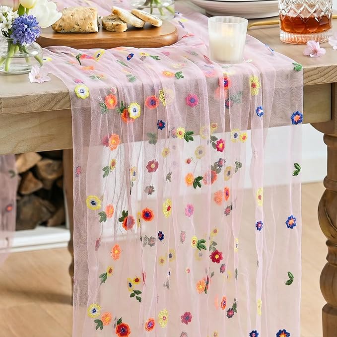 Artoid Mode 3PCS Pink Embroidery Daisy Gauze Table Runner 120 Inch 10FT, Seasonal Sheer Kitchen Dining Holiday Wedding Birthday Table Decor for Home Party
