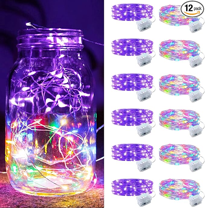 ZGWJ 12 Pack Battery Powered Fairy Lights, Mixed Colors 7Ft 20 Mini LED Silver Wires, 3 Modes for DIY, Party, Wedding, Bedroom, Halloween Christmas Decoration (Colorful & Purple)