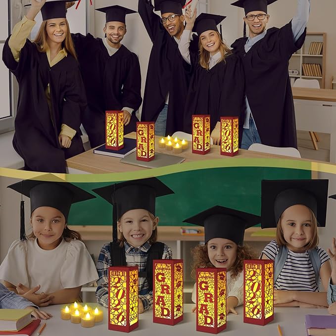 Rossesay 6 Pcs Graduation Table Centerpieces Boxes Class of 2026 Graduation Lanterns for Centerpieces with LED Candles Congrats Grad School College Photo Props for Party Table Decoration (Chestnut)