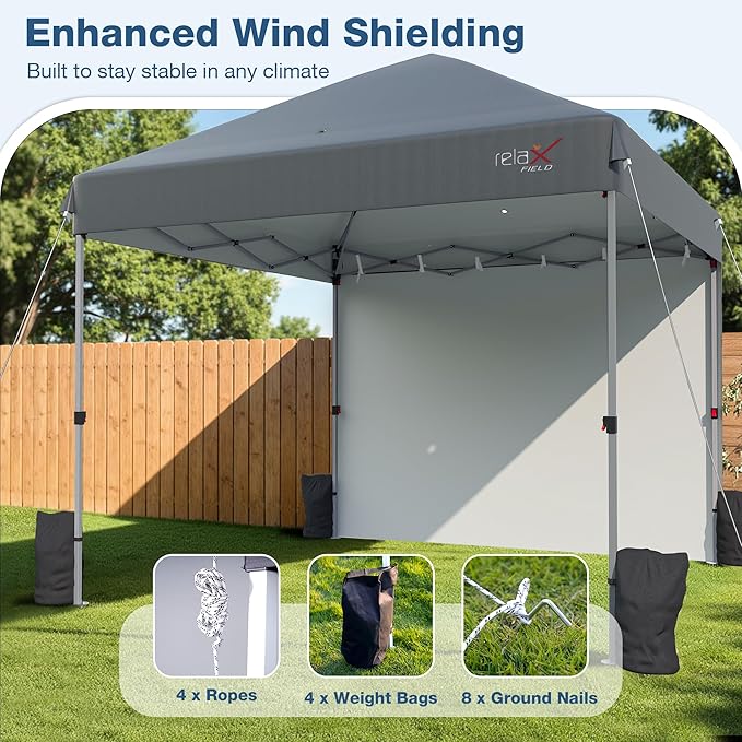 10x10 Outdoor Folding Canopy Tent with 1 Sidewall, Easy Up Outdoor Shelter with One Person Set Up Center Lock, Portable Patio Screen Tent for Camping, Party, Beach & Picnic,Grey